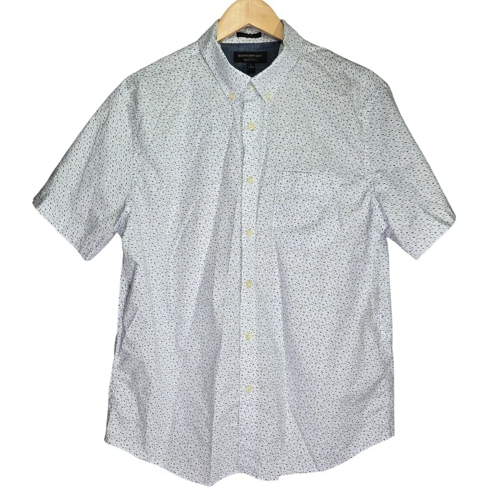 Banana Republic Mens L Standard Fit‎ Bluefish Short Sleeve Shirt Organic Cotton